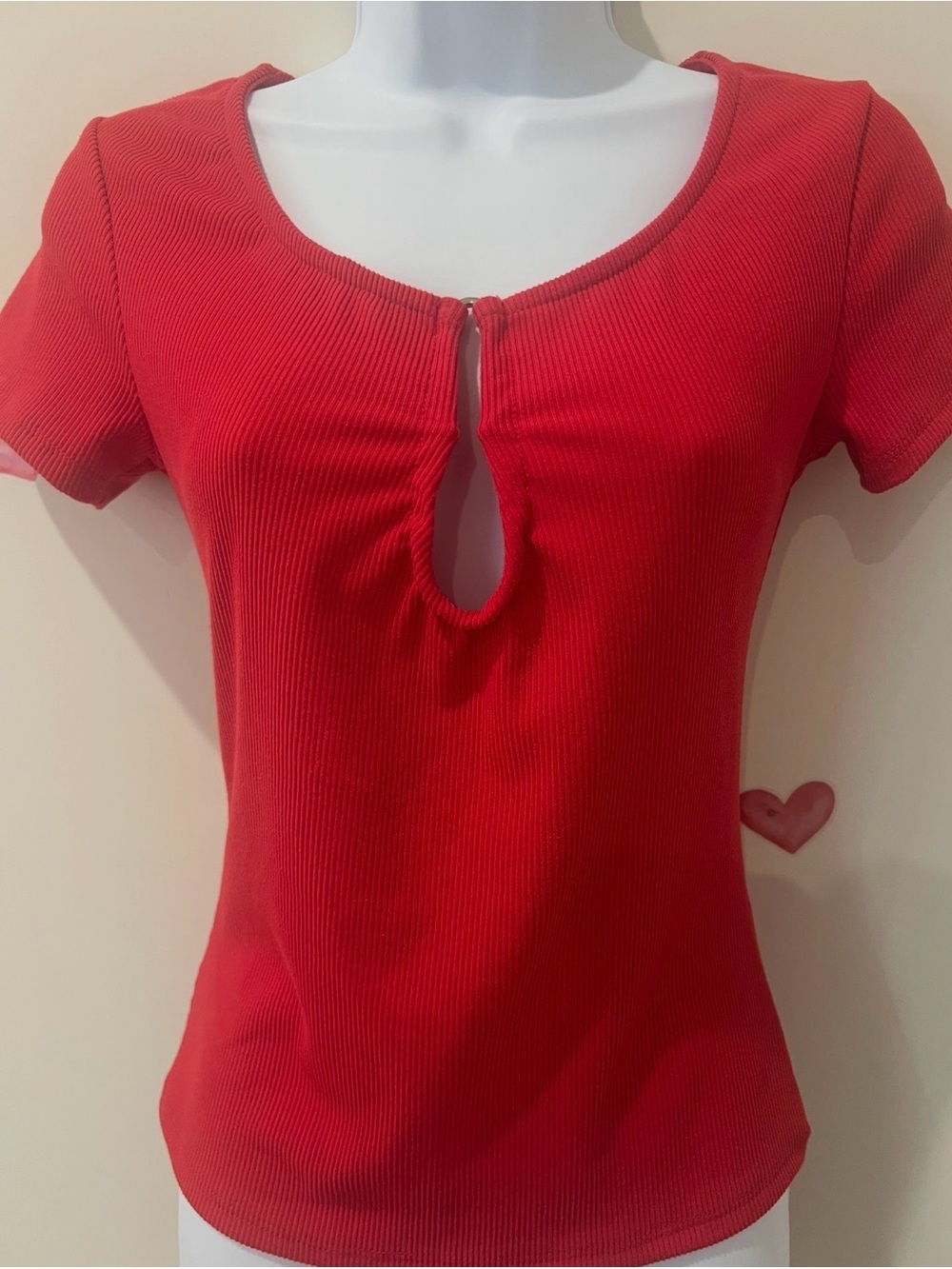 Ladies' Red Scoop Neck Keyhole Short Sleeve Top